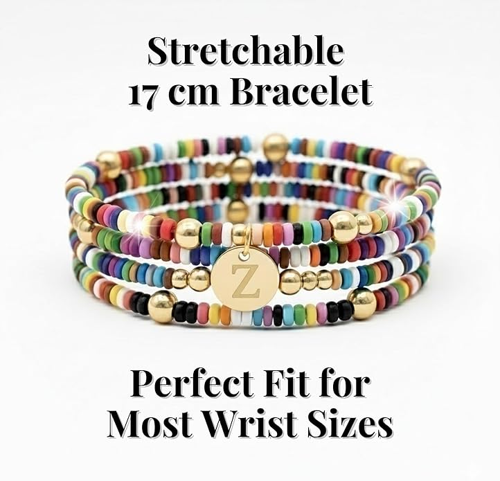 Set of 4 Colorful Bead Initial Bracelets, Personalized Stackable Jewelry, Adjustable Stretchy Charm Bracelets for Women, Beaded Bracelet Set, Trendy Custom Jewelry Gift
