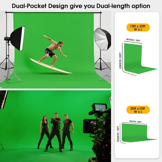 10x20ft Green Screen Backdrop for Photography, Dual-Size Dual-Pocket Design Chromakey Background for Photoshoot, Game Steaming, Zoom Meeting with Both Options of 10 ft and 20 ft in Width