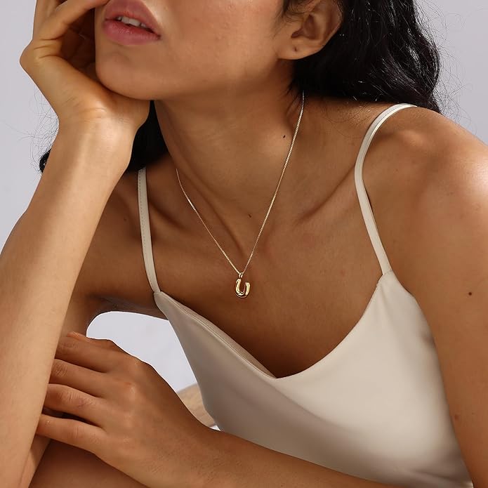 Bubble Gold Silver Letter Necklace Initial Necklaces for Women Trendy 14K Dainty Charm Pendant Name Necklace Personalized Jewelry Gift for Women Teen