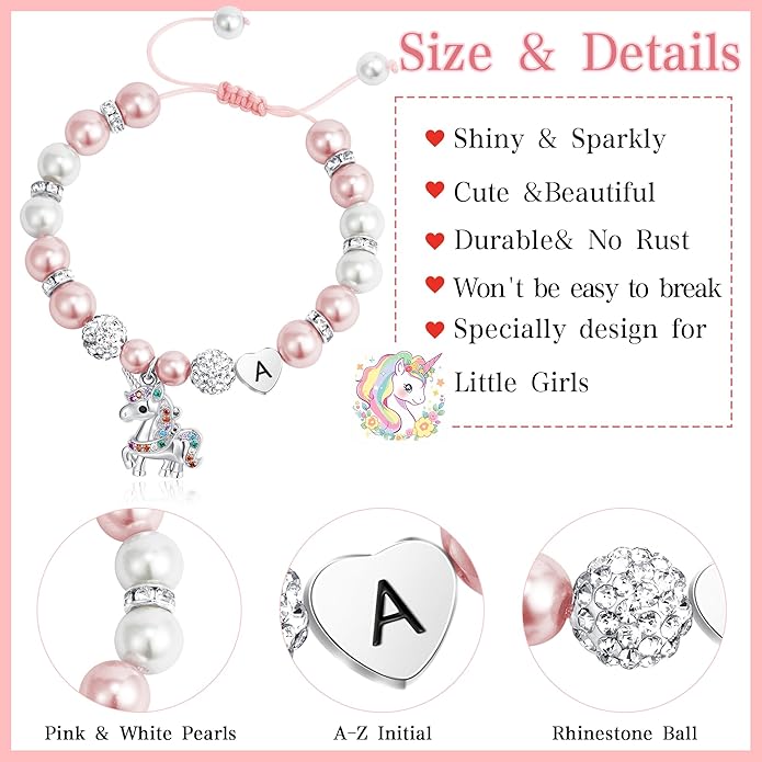 C-leen Unicorn Unicorn Bracelet Gifts for Girls Kids - Pink Pearl and Rhinestone Balls Heart Initial Unicorn Bracelets Adjustable Jewelry CZ Unicorn Bracelet Birthday Gifts for Teens