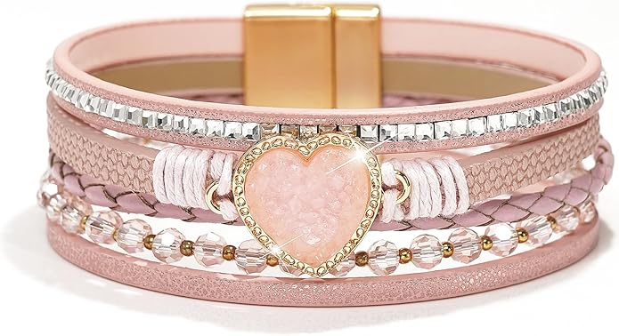 Suyi Multilayer Leather Wrap Bracelet Heart-Shape Wide Cuff Bracelets for Women
