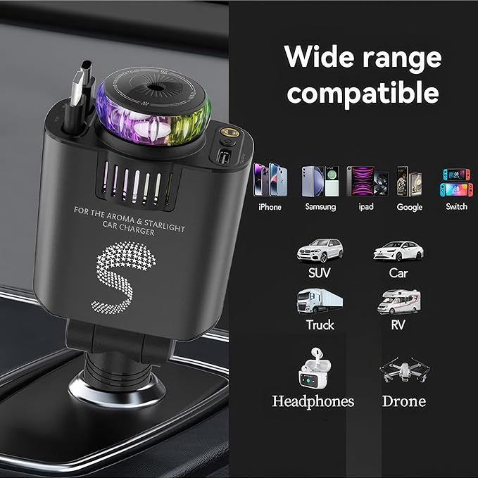 Retractable Car Charger USB C Fast Charging 120W, Car Accessories Cigarette Lighter Adapter with Aromatherapy Starlight, Car Charger iPhone16 15 14 13 12 11 Essentials Gift for Travelers, Men, Women