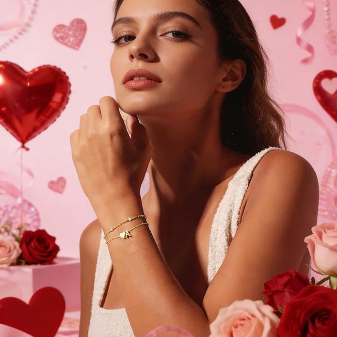 Turandoss Valentines Day Gifts for Kids Teen Girls - Dainty 14K Gold Plated Layered Heart Letter A-Z Charm Bracelet Stack Mom Daughter Jewelry Birthday Valentines Day Gifts for Girlfriend Wife