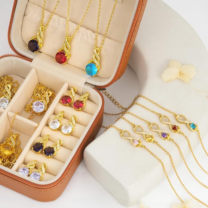 Jewelry Sets for Women-18K Gold Plated Dainty Birthstone Pendant,Trendy Necklace Earrings Infinity Bracelets Set,Ideal Jewelry Gifts for Her Mom