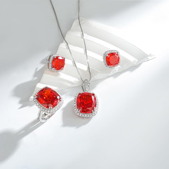 Jewelry for Women Sets Gold-Plated Sterling Silver CZ or Faux Gemstone Cushion-cut Necklace & Ring & Stud Earring set for Bridesmaids, Comes With a Gift Box.