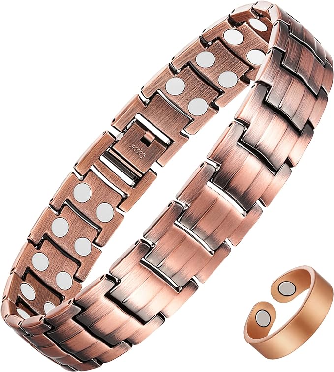 Feraco Men's Copper Magnetic Bracelet and Ring Elegant 99.99% Solid Copper Bracelets with Double-Row Strong Magnets, Magnetic Field Therapy Jewelry