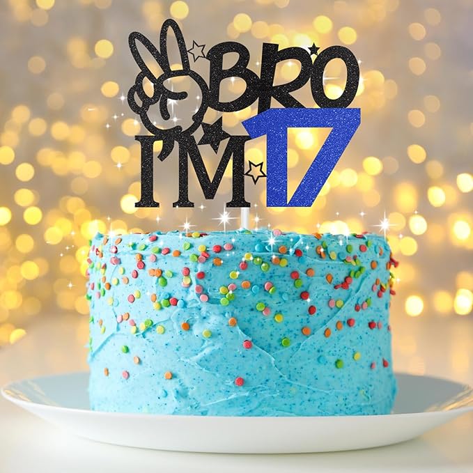 Bro I'm 17 Cake Topper, 17th Birthday Decorations for Boy, Glitter Funny 17th Birthday Cake Topper, Big Brother 17 Year Old Birthday Party Decoration Supplies