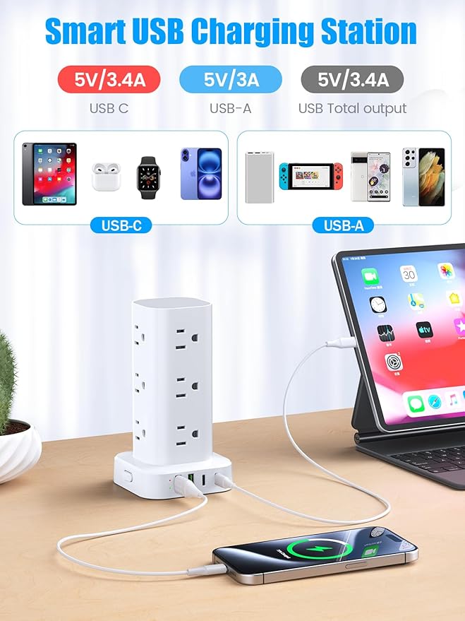 Flat Plug Power Strip Tower Surge Protector, 10FT Flat Extension Cord with Multiple Outlets, 12 AC Outlets, 4 USB Ports (2 USB C) Charging Station for Office Home Dorm Room Travel (White)