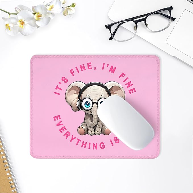 ITNRSIIET Mouse Pad with Stitched Edge Premium Textured Smooth Precise Operation Waterproof Washable Non-Slip Rubber Base Desktop Protection Mat, 10.2×8.3×0.12 inches, Pink Pretty Elephant