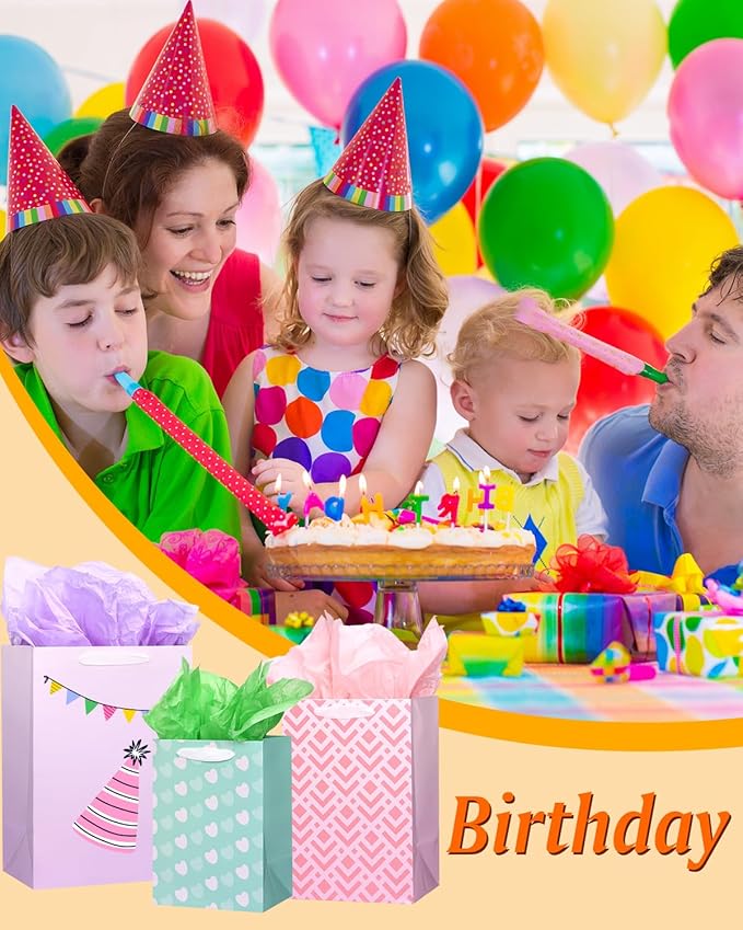 OUTUXED 12pcs Paper Gift Bags with Tissue Assorted Sizes Birthday Gift Bags with Different Designs Bulk (5 Medium 9.8", 4 Large 11.8", 3 Extra Large 13.8") for Birthday, Baby Showers, Party, Wedding