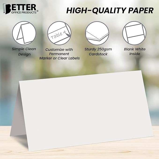 Better Office Products 100 Pack Blank White Place Cards, 2 x 3.5 in, Folded Table Tent Cards for Weddings, Dinner Parties, Buffet Banquets, (100 Count)