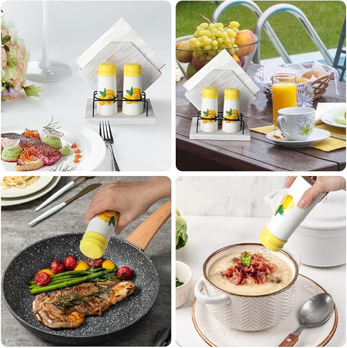 Rustic Farmhouse Napkin Holder Set - Natural Wood Kitchen Organizer with Lemon 2 Salt & Pepper Shakers for Countryside Dining & Minimalist Home Decor (Gift Ready)