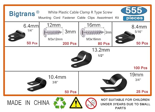 Bigtrans 555 Pcs Nylon Plastic R-Type Wire Clips with Screws 1/4" 5/16" 3/8" 1/2" 3/4" Clamps Fasteners Assortment for Cable Conduit -5 Size -Black