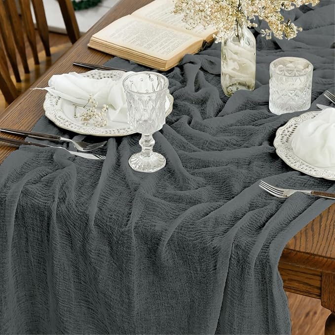 Artoid Mode Boho Cheesecloth Gauze Silver Grey Wedding Table Runner, 120 Inch Seasonal Fabric Kitchen Dining Holiday Table Decor for Home Party Indoor