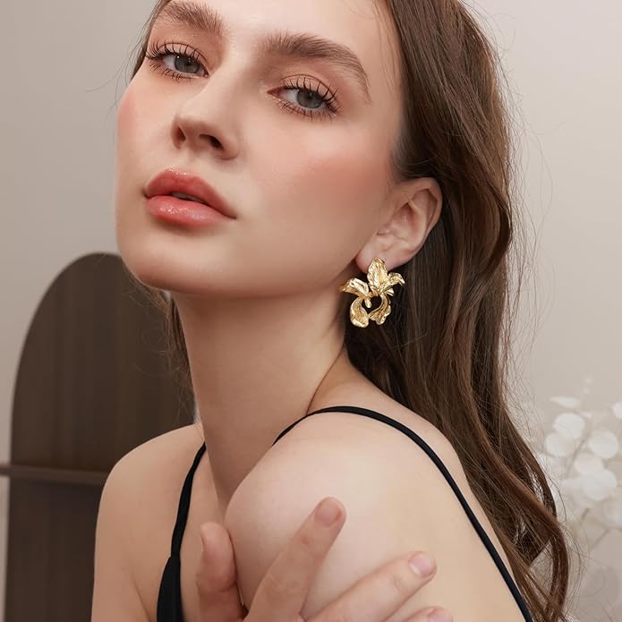 Gold Flower Statement Earrings for Women, Large Chunky Bohomian Summer Beach Floral Earring, Irregular Bold Exaggerated Earrings