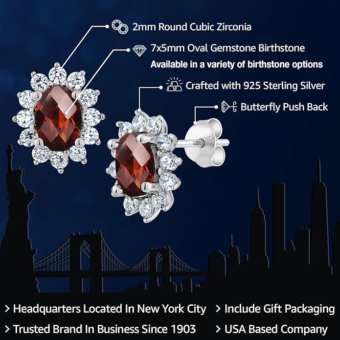 Gem Stone King 7X5MM Oval Gemstone Birthstone Stud Earrings For Women | Princess Diana Royal Halo Style | 925 Sterling Silver | Fine Jewelry Gifts for Anniversary Wedding Her Mom Women Wife