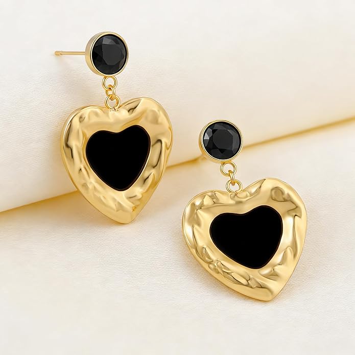 Black/White/Red/Green/Blue/Brown Heart Earrings for Women, Gold Plated Vintage Gold Earrings with Hypoallergenic Posts,Lightweight Black and Gold Dangle Statement Jewelry, Gift for Women—Girlfriend Wife Mom for Wedding, Party, Valentines Day Gifts for Her