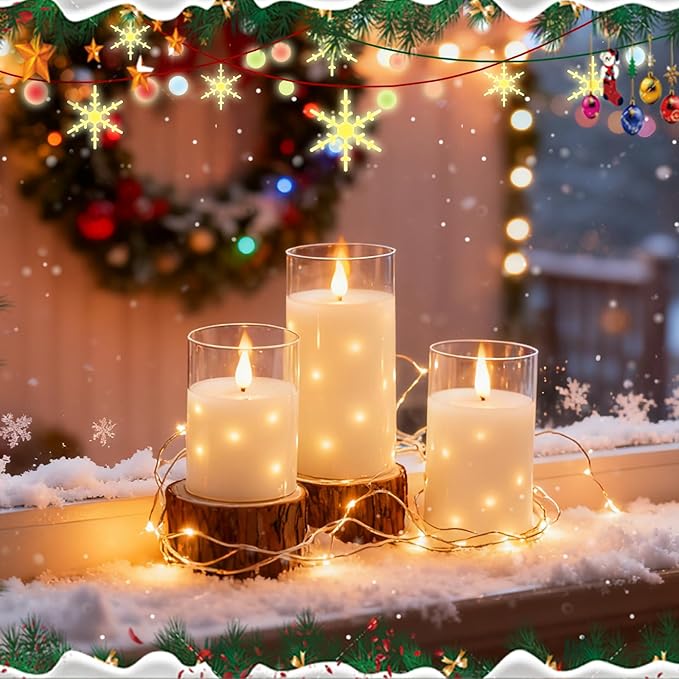 Real Wax Flameless Candles Glass,Battery Operated LED Candles with Flickering Flame,Glass Shell,Interior Star Light Decoration Set of 3 White (D3×H 4" 5" 6") for Home Decor,Holiday Decoration