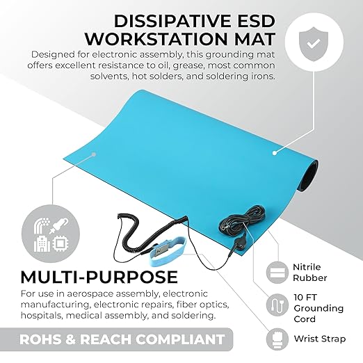 MWRF Source ESD Mat Kit with Wrist Strap and Grounding Cord (2.5 FT x 3 FT x 0.12 Inch, Blue)