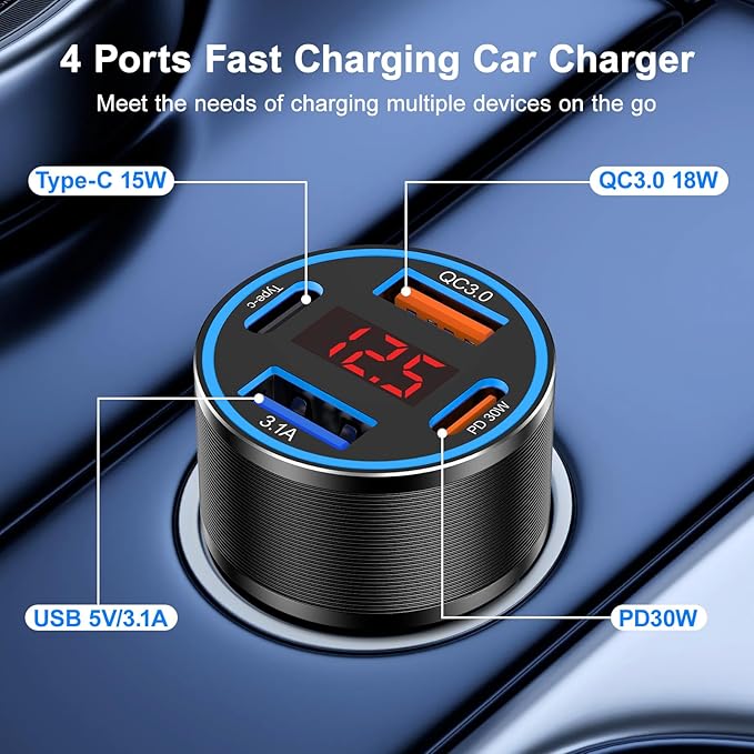 USB C Car Charger,2Pack 65W 4 Port Fast Charging Car Phone Charger with Voltage Display,Multi Port Cigarette Lighter Adapter USB Chargers for iPhone 16 15 14 13 Pro Max,Galaxy S25,iPad,Pixel,Android