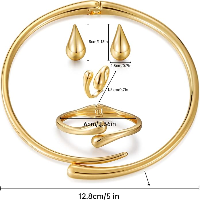 4 Pcs Statement Jewelry Set for Women – 18K Gold Plated Teardrop Necklace, Gold Drop Earrings, Bold Rings & Cuff Bracelets, Elegant Jewelry Gifts for Women