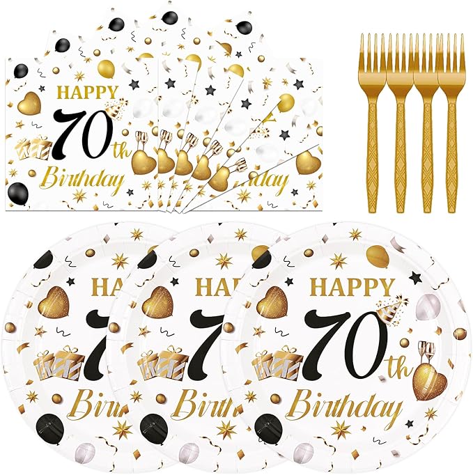 75PCS 70th Birthday Plates and Napkins Party Decorations, 7 Inch White and Gold Happy Birthday Paper Plates and Napkins Disposable Tableware Set 70 Year Old Birthday's Party Decor for Women Men