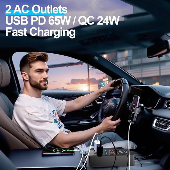 300W Car Power Inverter, DC 12V to 110V AC Car Plug Adapter with LED Display, 65W/24W USB-C Fast Charging Car Outlet Adapter to Wall Plug,Portable Car Charger with Switch Control Converter for Laptops