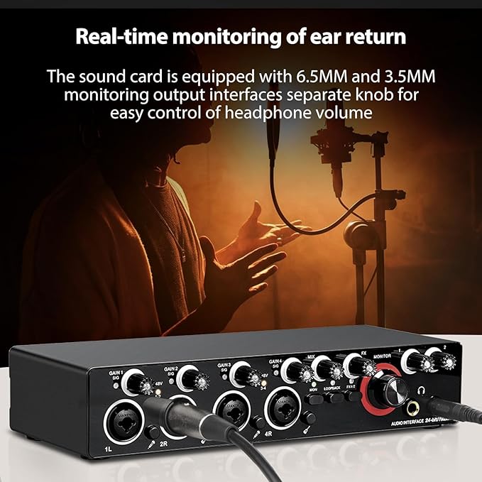 4 Channels Sound Card Computer Audio Interface, 4-in 4-out for Professional Recording of Live Streaming Karaoke, Driver Free USB Audio Interface