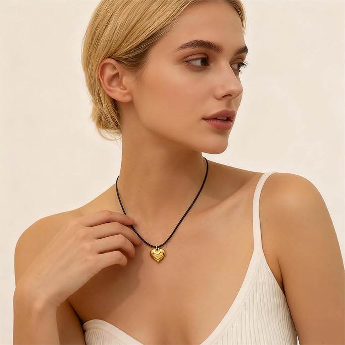 Black Cord 18K Gold Plated/Silver Heart Choker Necklace | Hypoallergenic Vibrant All-match Attractive Black String Love Necklace | Ingenious Design Emo Choker Necklace for Ladies