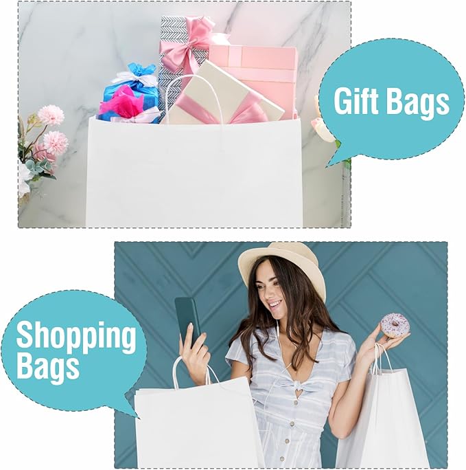 woric 60 PCS White Paper Bags with Handles, Large Gift Bag 16 x 6 x 12 inch White Gift Bag Bulk Shopping Bags for Gift Grocery Small Business