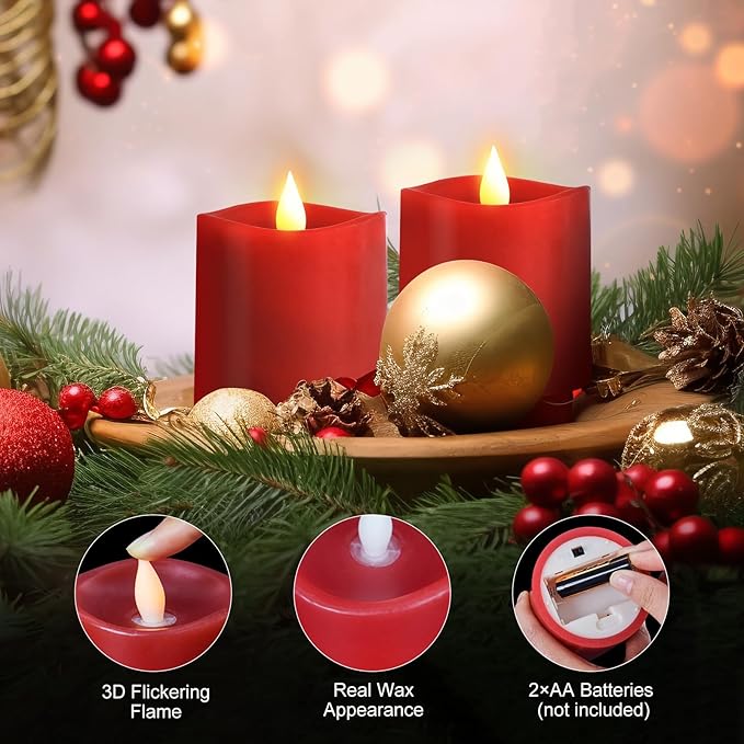 3x3 Flickering Flameless Candles Set of 2, LED Battery Operated Candles, 3 inch Flameless Candles with Remote Control, Suitable for Wedding Holiday Decoration,Red