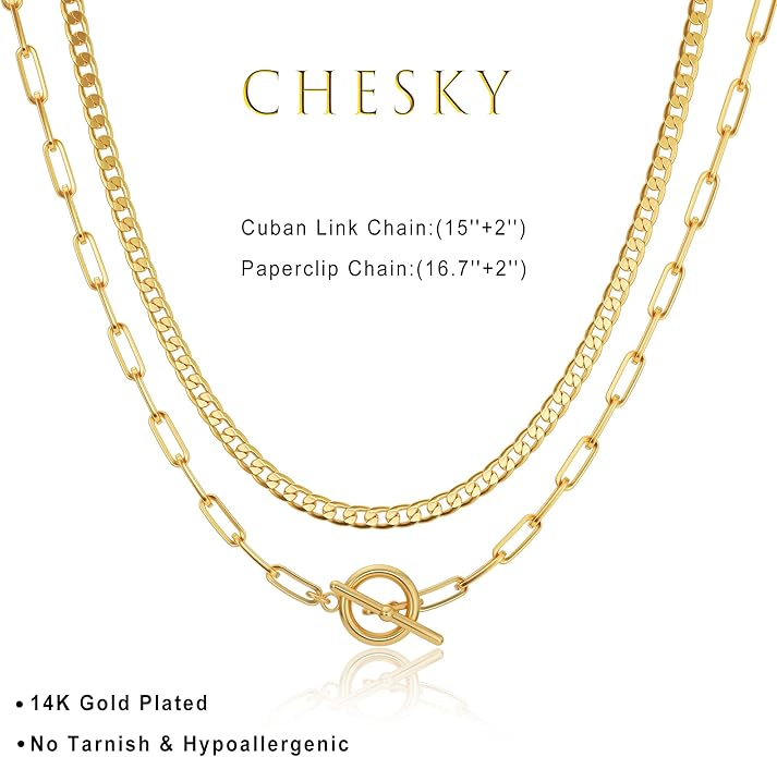 CHESKY Layered Necklaces for Women, 14K Gold Plated Chain Necklace Women Trendy Cuban Link Paperclip Chain Toggle Clasp Necklace Fashion Chunky Jewelry for Women