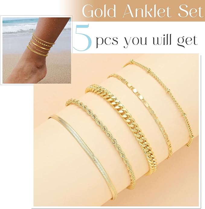 iF YOU Gold Ankle Bracelets for Women, 14k Gold Plated Waterproof Cuban Link Chain Anklets Set, Layered Anklet Bracelets for Women Beach Gift Adjustable Size 5pc