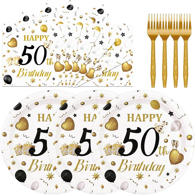 75PCS 50th Birthday Plates and Napkins Party Decorations, 7 Inch White and Gold Happy 50th Birthday Paper Dessert Cake Plates and Napkins Set Disposable Tableware Party Favors for Women Men