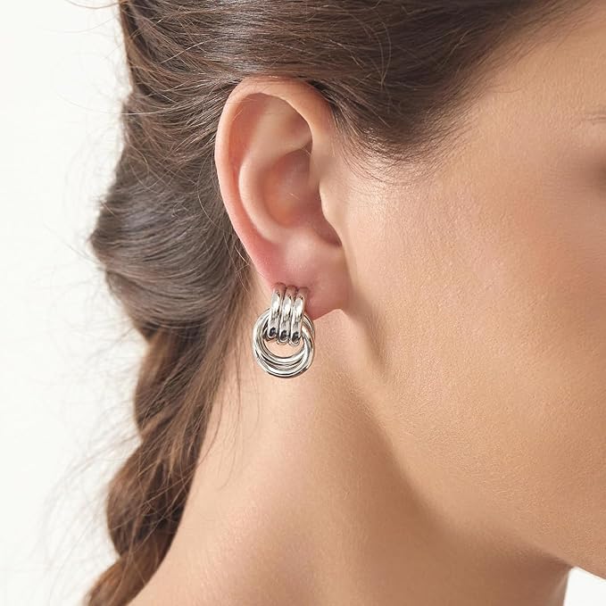 Silver Chunky Knot Earrings Geometric Drop Dangle Trendy Earrings Studs for Women_M Size