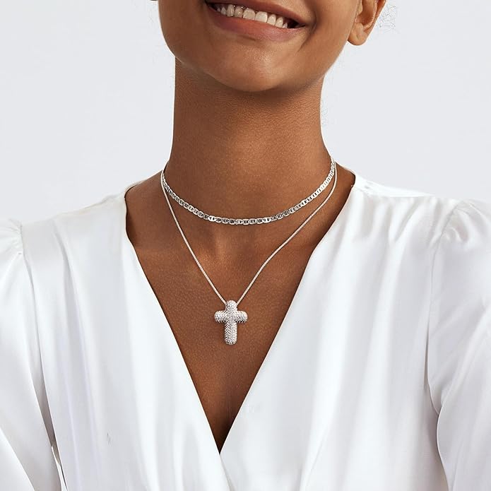 OGD Bubble Cross Necklace for Women 14k Gold Plated Cross Necklace Stackable Dainty Gold Necklace Mariner Chain Necklace CZ Cross Pendant Necklaces Set Simple Jewelry Gift