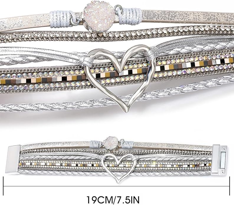 Suyi Multilayer Leather Wrap Bracelet Heart-Shape Wide Cuff Bracelets for Women