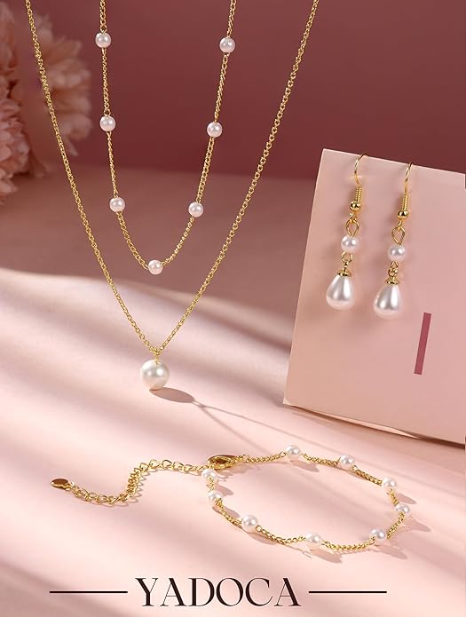 YADOCA Gold Jewelry Set for Women - 16K Gold Plated Pearl Necklace and Earring Set With Drop Earrings,Charm Layered Necklace,Adjustable Bracelets - Dainty Women's Pearl Jewelry Set For Wedding Gifts