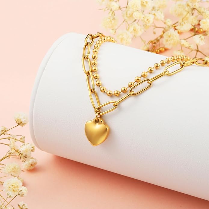 Heart Necklace for Women, 18K Gold Plated Heart Pendant Layered Necklaces Jewelry Gifts Gold Silver