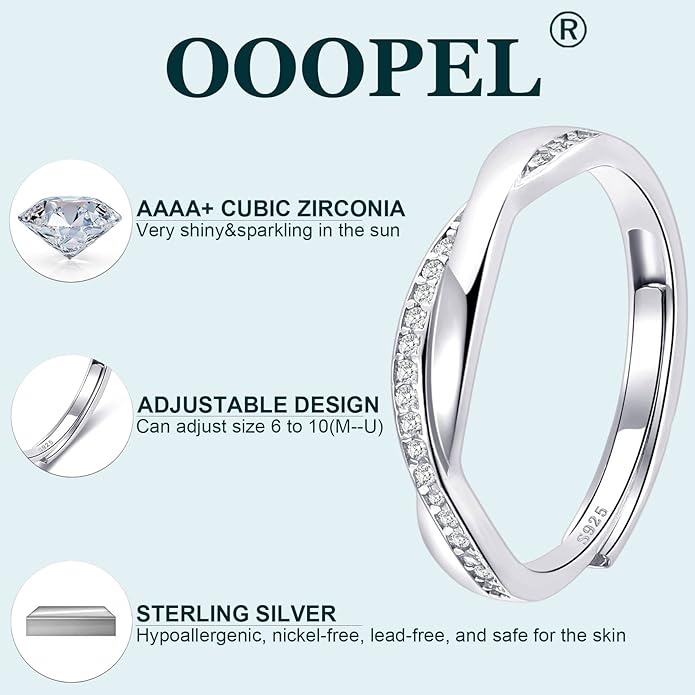 OOOPEL Sterling Silver Adjustable Ring S925 Silver Rings for Women Cubic Zirconia Twist Love Knot Dainty Ring Silver Minimalist Open Finger Rings Silver Thumb Sterling Silver Ring