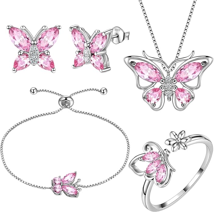 Aurora Tears Butterfly Jewelry,Women 925 Sterling Silver Butterflies Birthstone Pendant Necklace/Earrings/Rings Wedding Gift