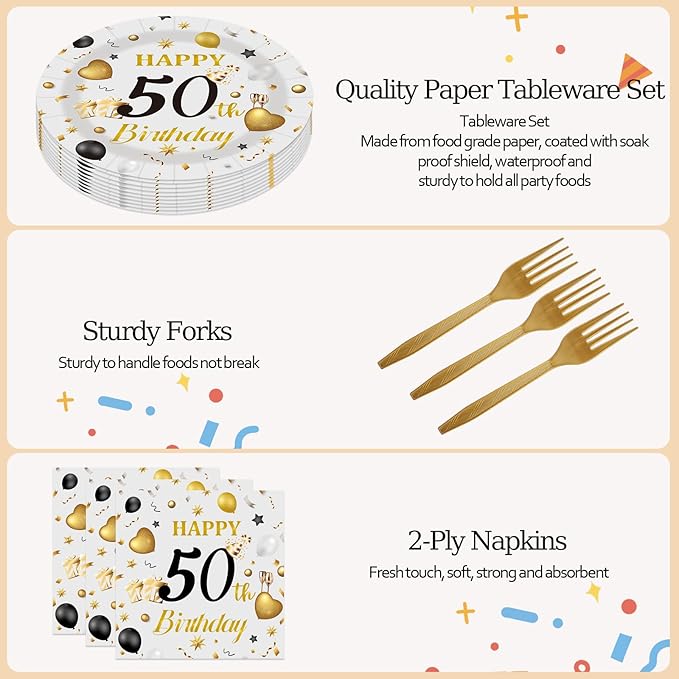 75PCS 50th Happy Birthday Plates and Napkins Party Decorations, 7 Inch Premium Grey and Gold Birthday Paper Dessert Cake Plates and Napkins Disposable Tableware Set Party Favors for Women Men