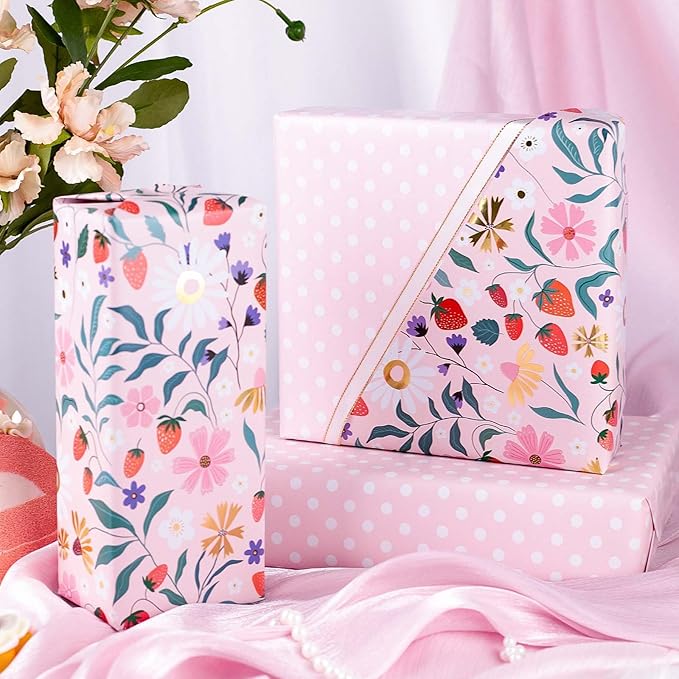 MAYPLUSS Strawberry Wrapping Paper Roll, Pink Floral Gift Wrap for Mothers Day, Wedding, Bridal Shower, Birthday, 17 Inch x 33 Feet