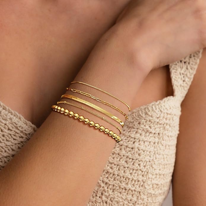 DEARMAY 14K Gold Plated Bracelets for Women, Jewelry Sets Cute Tennis Beaded Bracelets Cuban Link Paperclip Chain Dainty Bracelet Pack Gifts