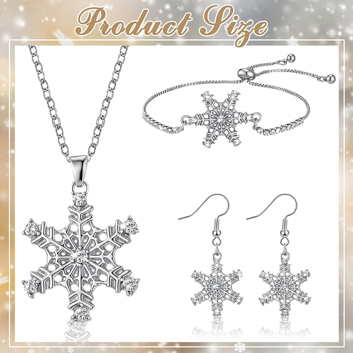 Bucherry 3 Pcs Heart Jewelry Set Bow Snowflake Jewelry Heart Pendant Chain Toggle Necklace with Bracelet Earrings Snowflake Stainless Steel Link Chain for Women Gift