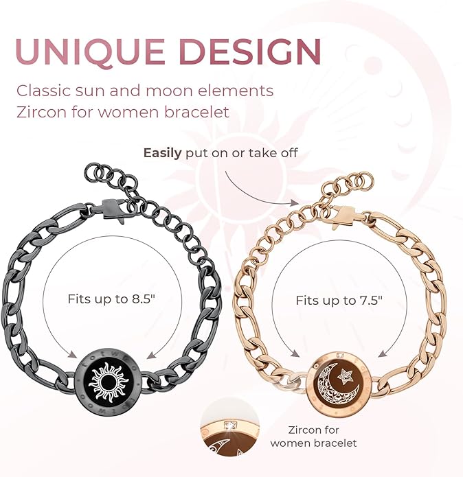 TOTWOO Long Distance Touch Bracelets for Couples, Smart Light & Vibration Love Jewelry, Long Distance Valentines Day Gifts for Him Her Women Men, One-to-One Bluetooth Pairing via App