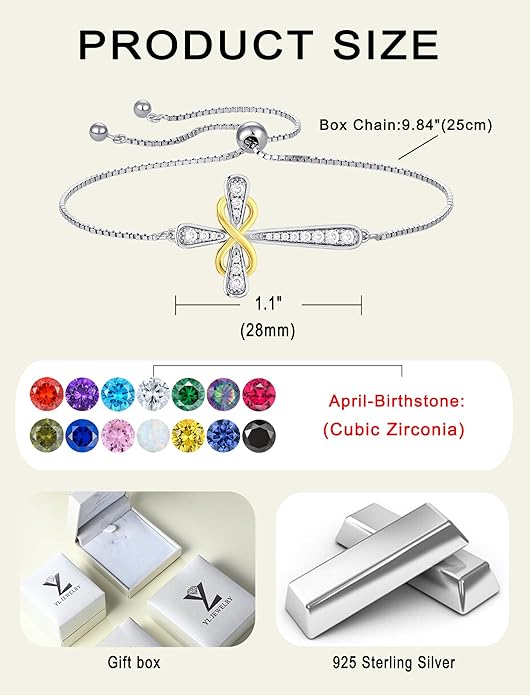 YL Cross Bracelet 925 Sterling Silver Infinity Sideways Link Bracelet Birthstone Jewelry for Women