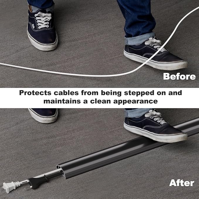 4FT Side-Open Extension Cord Covers for Wires on Floor,Silicone Power Cable Protector Cord Hider Management Strip,Hide Electric Wire on Carpet,Chord Runner Protective Safety Wiremold,Black