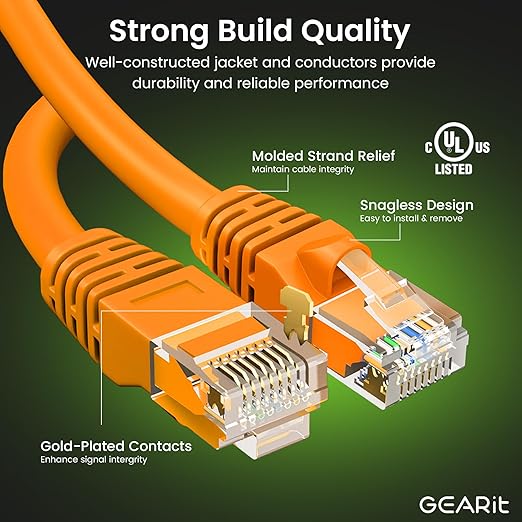 GearIT Cat 6 Ethernet Cable (24-Pack 0.5 Feet) Cat6 Network Patch, 10Gbps, RJ45, Snagless Cord, Gold-Plated Connectors, Internet for PC, TV, Tablet, Router, Printer, Servers, IT Data Center - Orange