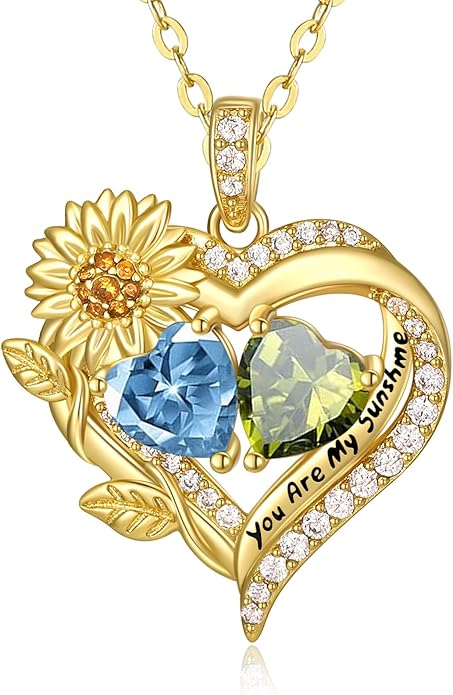 Sunflower Heart Necklace for Women 14K Gold Exquisite Valentines Day Anniversary Birthday Gifts for Wife Mother Her Double Birthstone Pendant Jewelry‘You Are My Sunshine’